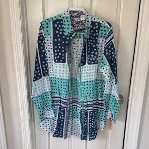 Geometric Patterned Blouse in Teal and Navy
